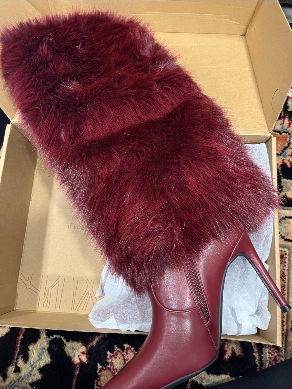 Women's Faux Fur Knee-High Stiletto Boot in Burgundy